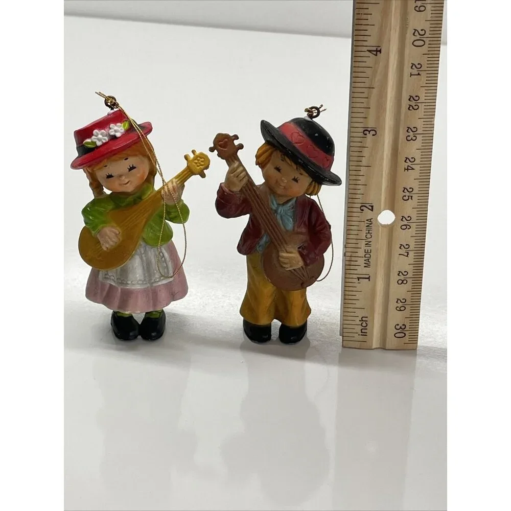 Bradford Boy and Girl Christmas Ornaments playing string instruments Vintage Box